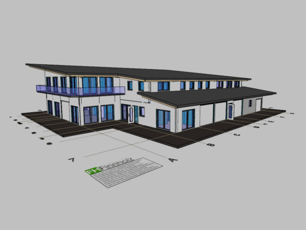 Portfoliobild FH Holzbaustatik: Unser Ingenieurbüro Holzbau plant auch solche Projekte, wie diese Lagerhalle mit integriertem Büro in Eschbach.