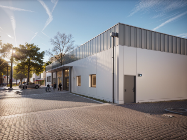 Portfoliobild: FH Holzbaustatik plant als Ingenieurbüro Holzbau auch den Nebau eines Wohn- und Geschäftshauses (inkl. Drogeriefachmarkt). Das Bild veranschaulicht den Bau als 3-D-Rendering-Modell.