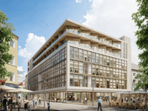 Portfoliobild: Unser Ingenieurbüro Holzbau ist auch an solchen Aufstockungen involviert, wie hier in Hagen. Auf einem Kaufhaus entsteht eine neue Aufstockung.