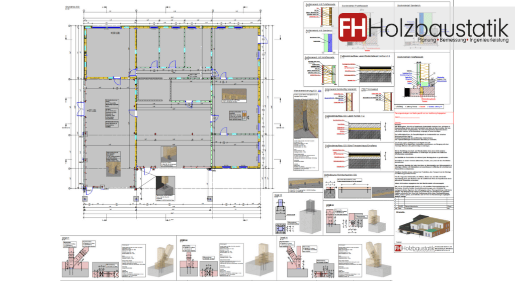 Werkplanung Holzbau: Unser Ingeniuerbüro erstellt eine fundierte Ausführungsplanung, wie in diesem Bild dargestellt. Es zeigt einen detaillierten Plan eines Projektes unseres Ingenieurbüros.